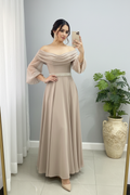 Vestido Champagne Beige Dorado Off-Shoulder Tul Perlas Cinturon Perlas A-Line cod.837
