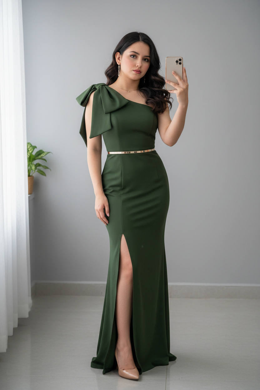 Vestido Verde Militar Un Hombro con Moño y Cinturón Dorado cod.728