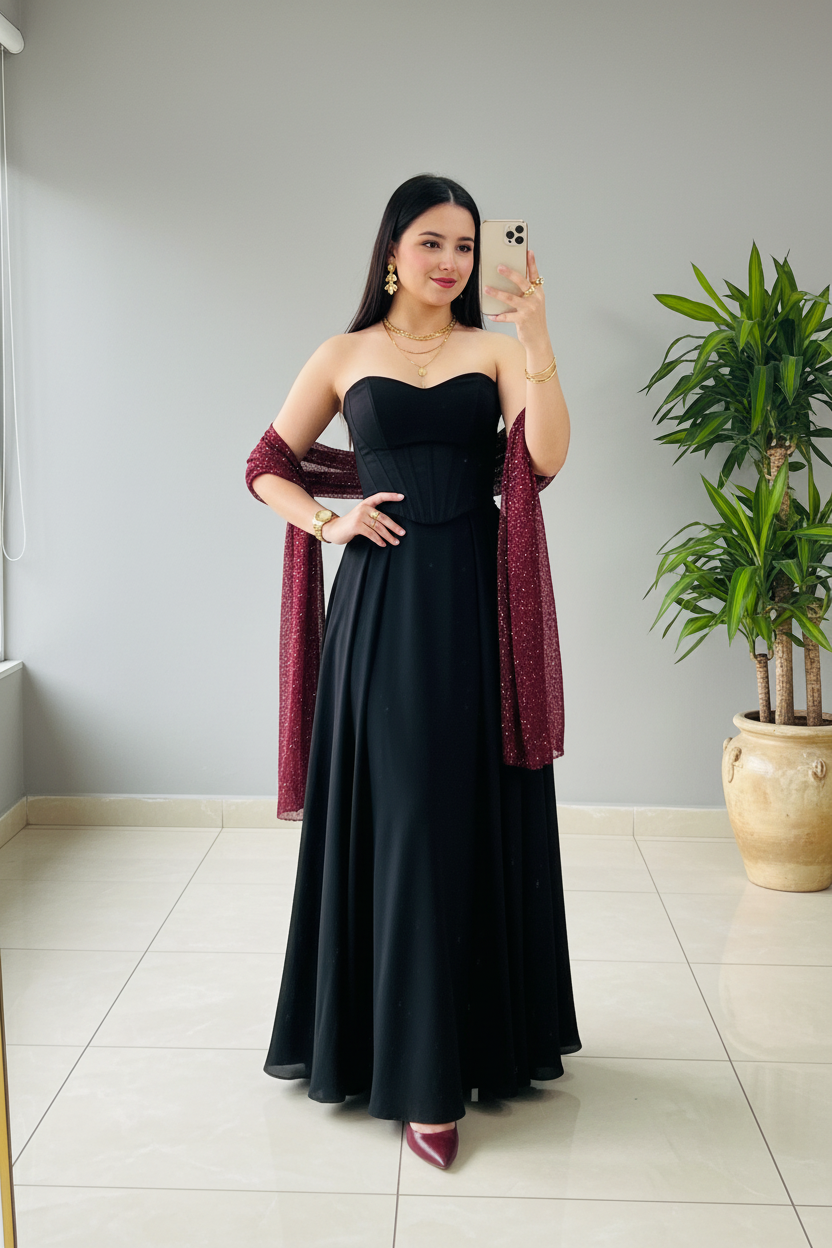 Vestido Negro Strapless Sweetheart con Chal Borgoña Glitter cod.438