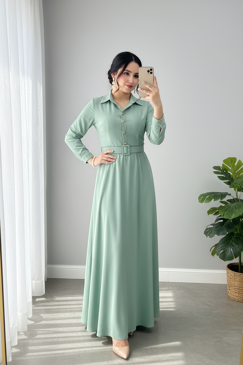 Vestido Verde Menta Liso Manga Larga Cuello Camisero Cinturon A-Line cod.825