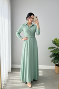 Vestido Verde Menta Liso Manga Larga Cuello Camisero Cinturon A-Line cod.825