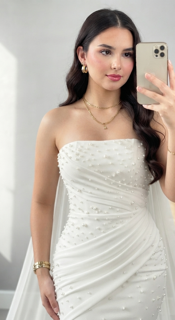 Vestido Sirena Blanco con Perlas y Capa Lateral cod.V808