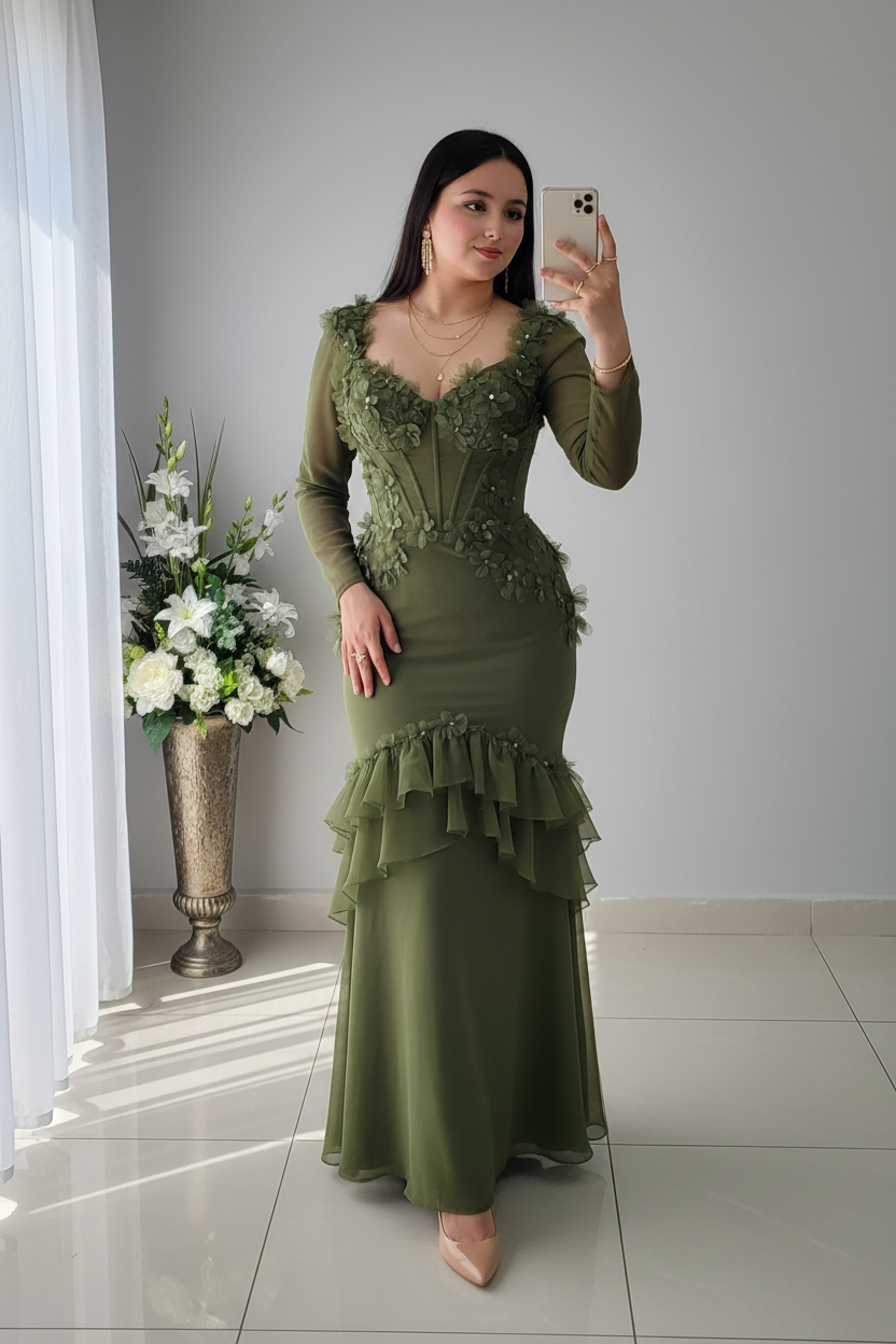 Vestido Verde Militar Manga Larga Corset con Bordado Floral y Volantes cod.V541