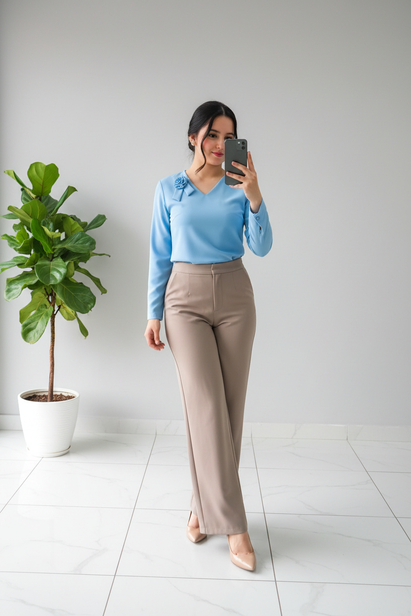 Pantalón Beige Tiro Alto con Pierna Acampanada y Abertura en el Dobladillo cod.382