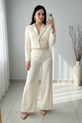Conjunto Ivory Blazer Corto con Perlas y Palazzo Tiro Alto cod.C292