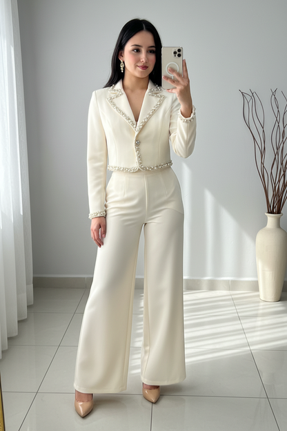 Conjunto Ivory Blazer Corto con Perlas y Palazzo Tiro Alto cod.C292