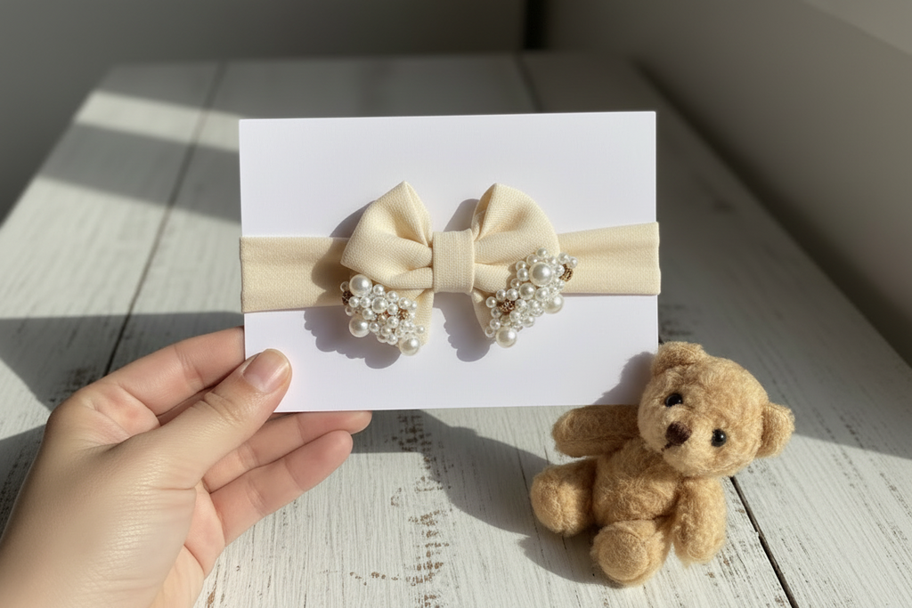 Bandita elástica con lazo en lino, decorado con perlas y diamantes cod. 085