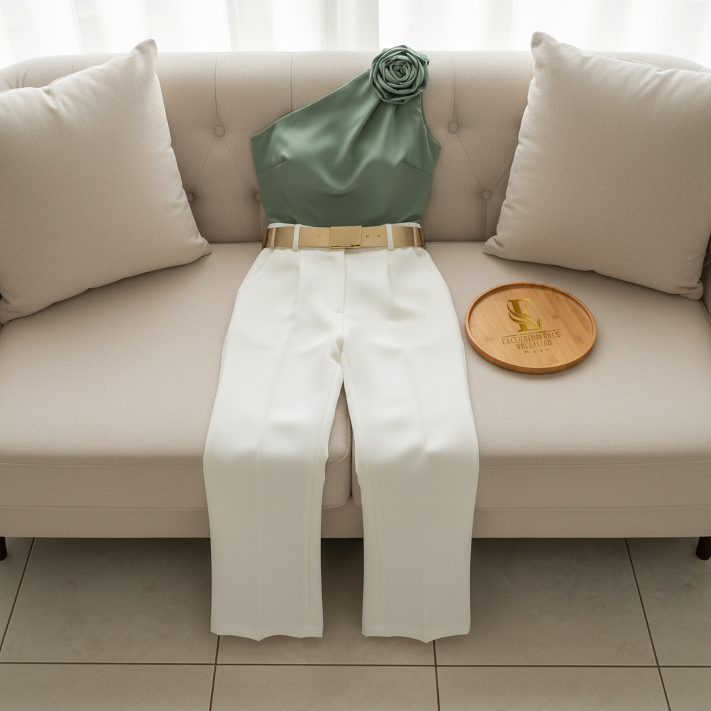 Pantalón Blanco Recto de Tiro Alto con Cinturón Dorado cod.416