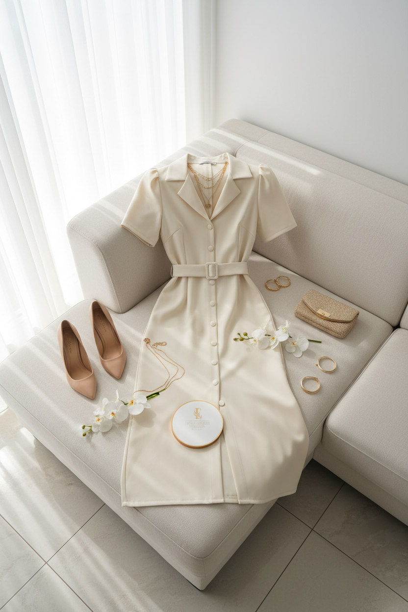Vestido Marfil Tipo Camisa con Cinturón - Elegante y Atemporal cod.316