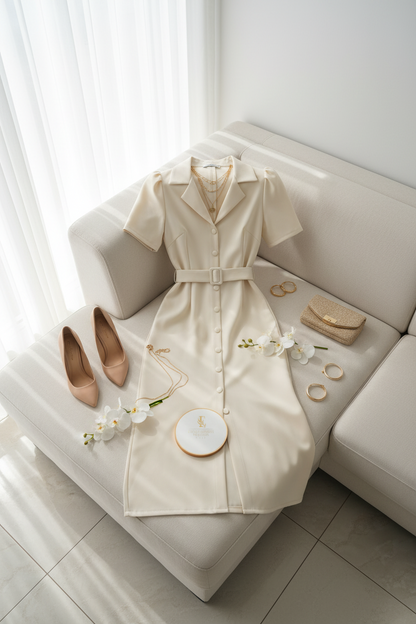 Vestido Marfil Tipo Camisa con Cinturón - Elegante y Atemporal cod.316