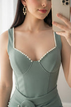 Conjunto Verde Salvia Corset Perlas Rosa | CS-012