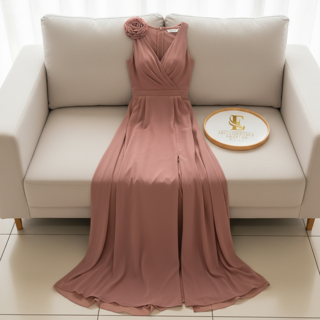 Vestido Largo Rosa Palo con Rosa 3D en el Hombro y Abertura Frontal cod.424