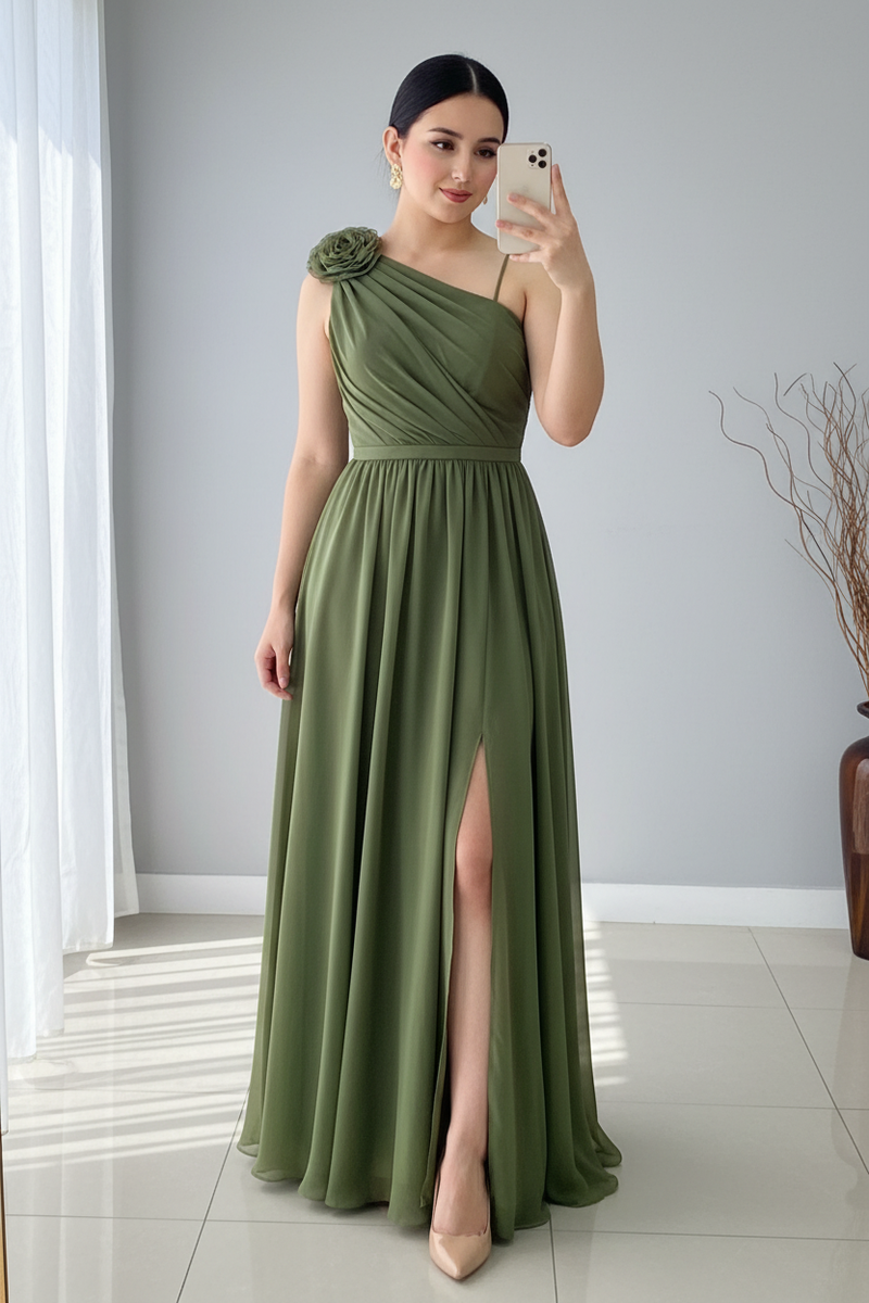 Vestido Verde Olivo Un Hombro con Flor cod.V358