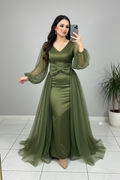 Vestido Verde Olivo Satén Tul Lazo cod.605
