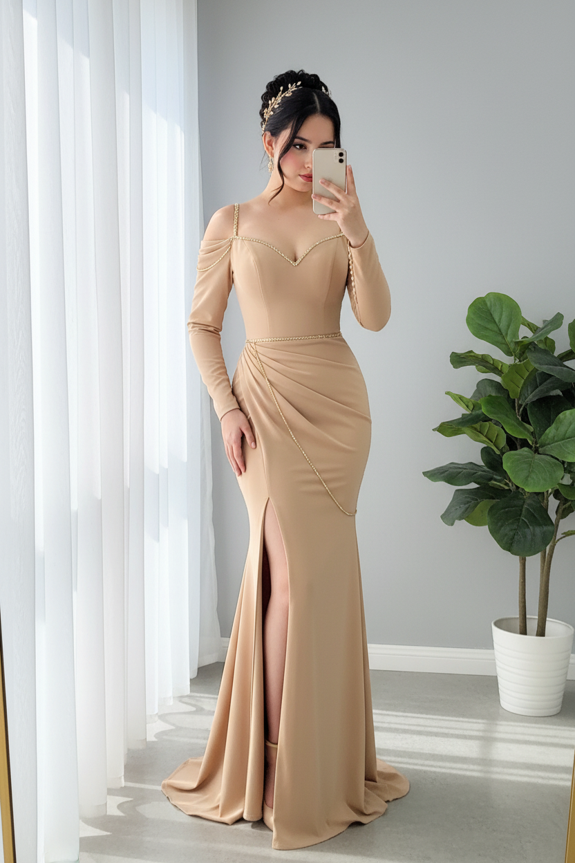 Vestido Champagne Dorado Sirena Manga Larga con Tirantes y Cadenas de Perlas cod.0072