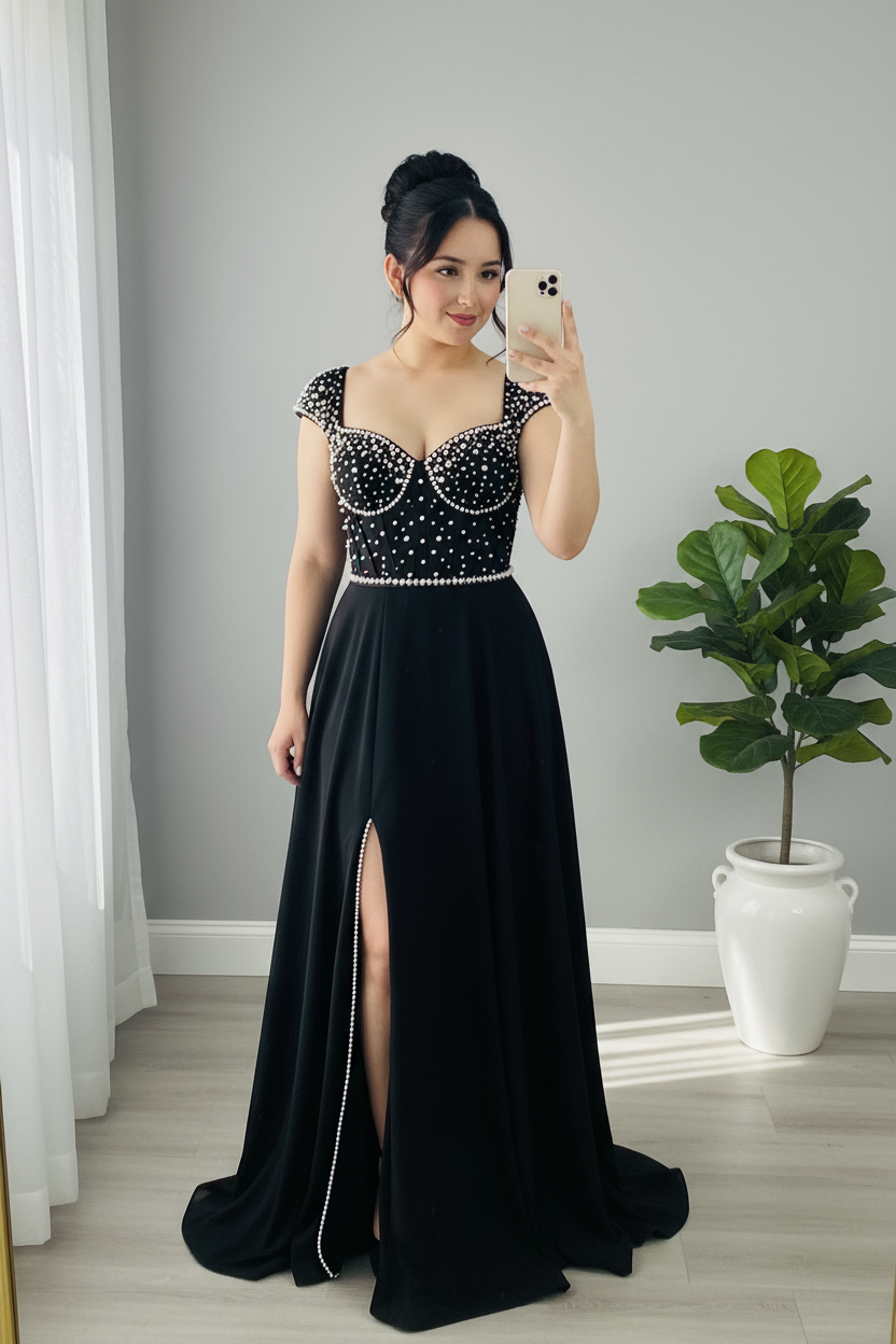 Vestido Negro con Córset de Perlas y Falda con Abertura cod.V245