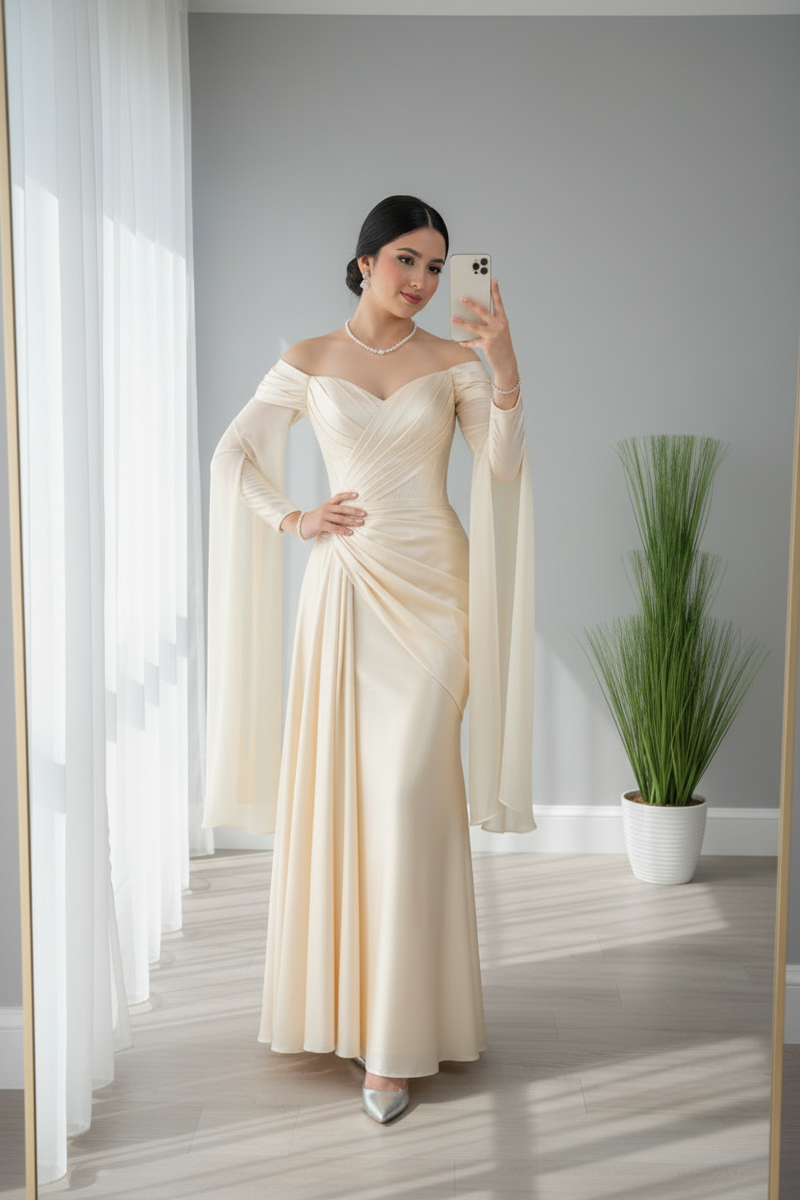 Vestido Crema Off-Shoulder con Mangas Campana cod.V666