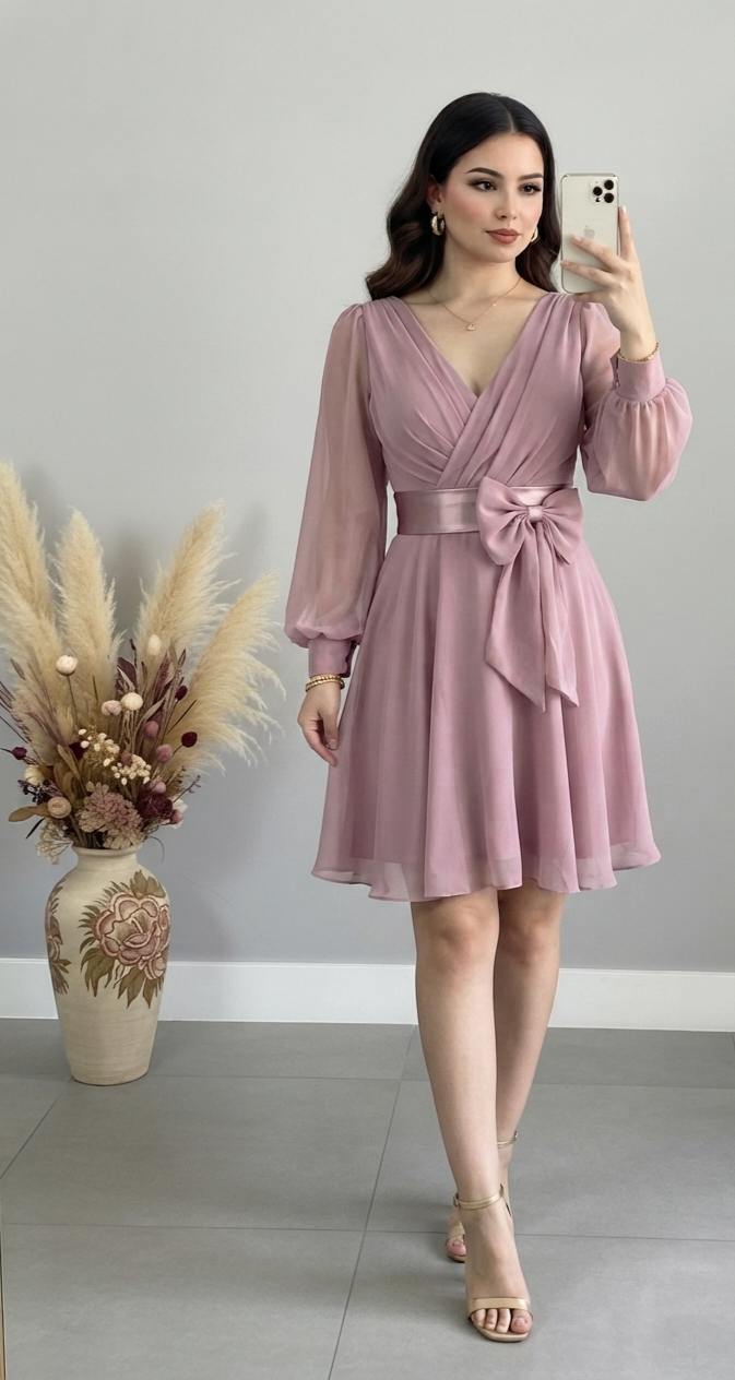 Vestido Rosa Palo Corto Manga Globo Chiffon Lazo Satinado cod.V0038
