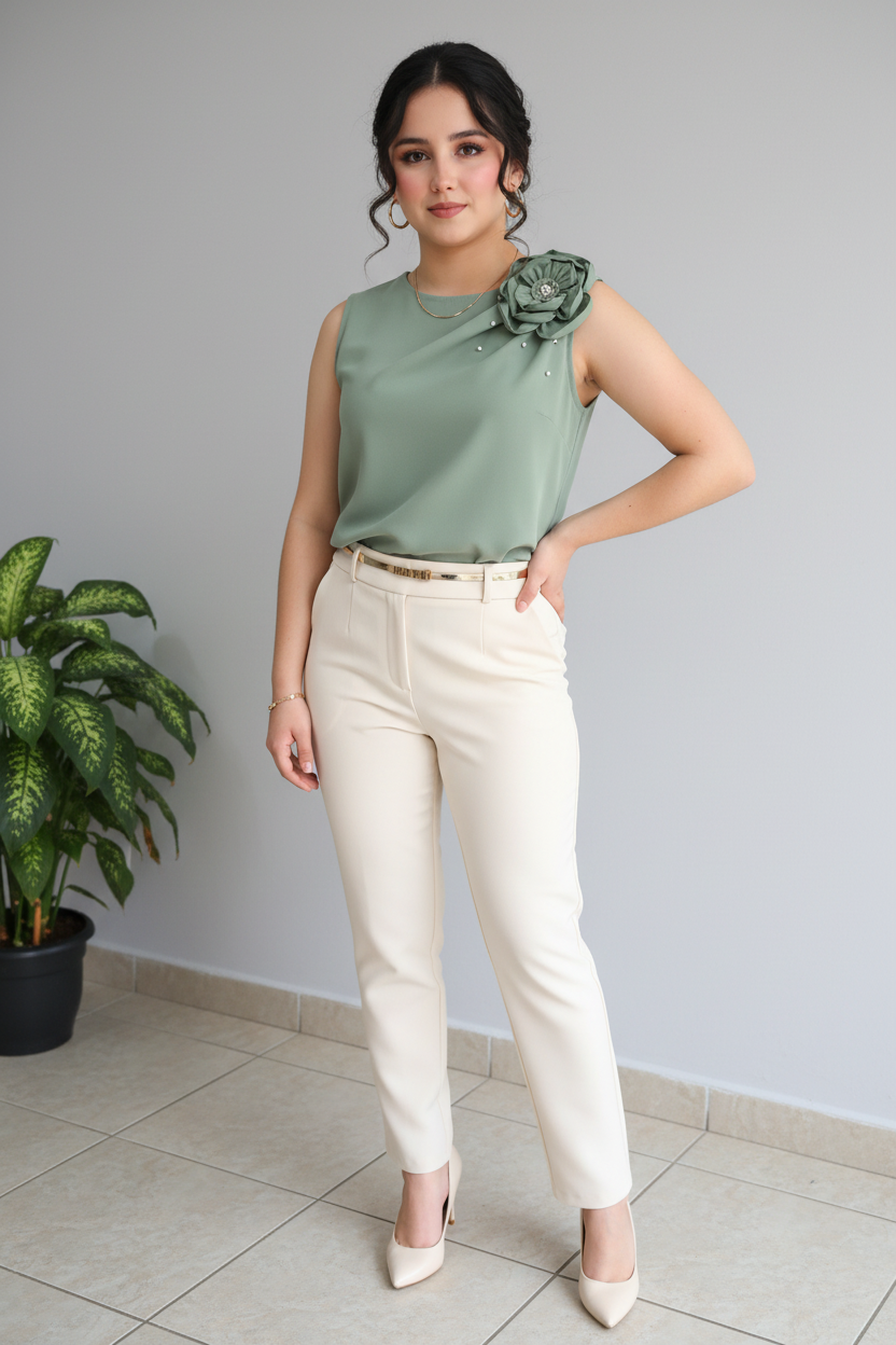 Blusa Verde Sage Sin Mangas con Rosa 3D y Detalles de Perlas cod.532