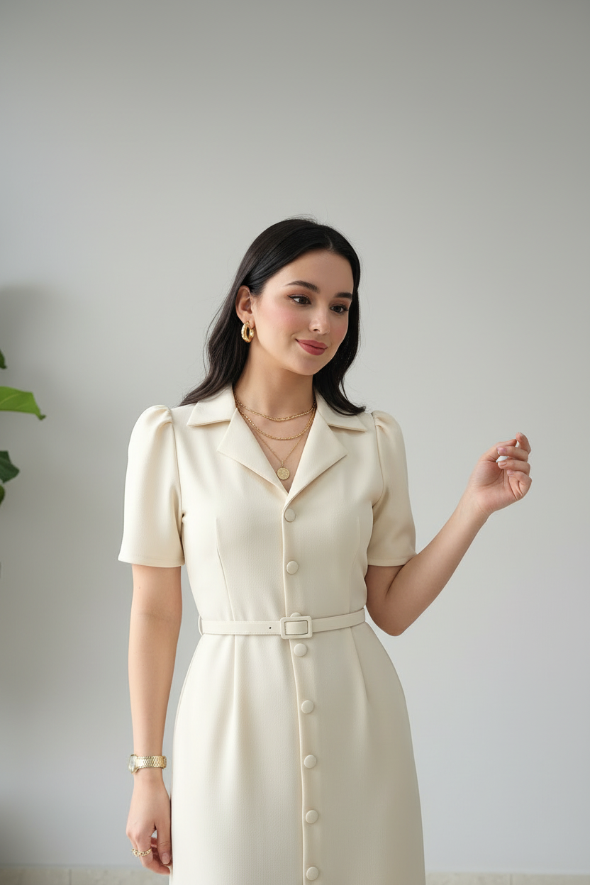 Vestido Marfil Tipo Camisa con Cinturón - Elegante y Atemporal cod.316