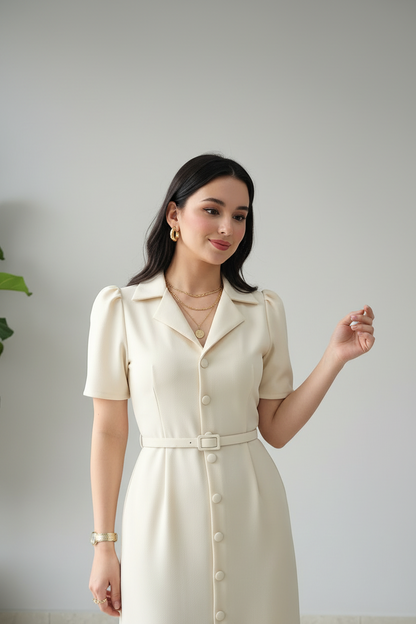 Vestido Marfil Tipo Camisa con Cinturón - Elegante y Atemporal cod.316