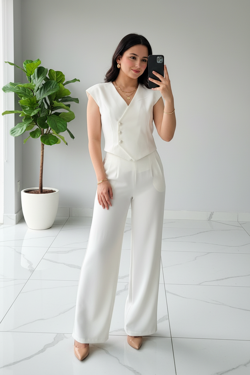 Conjunto Elegante Blanco: Chaleco con Botones + Pantalón Pierna Ancha - 2 Piezas cod.322