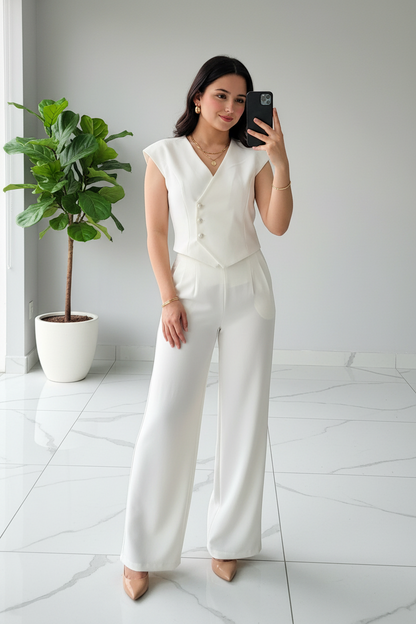 Conjunto Elegante Blanco: Chaleco con Botones + Pantalón Pierna Ancha - 2 Piezas cod.322