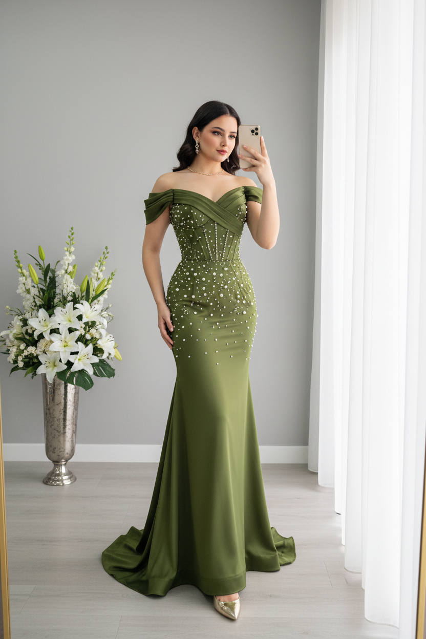 Vestido Largo Verde Militar - Off Shoulder con Perlas cod.V836