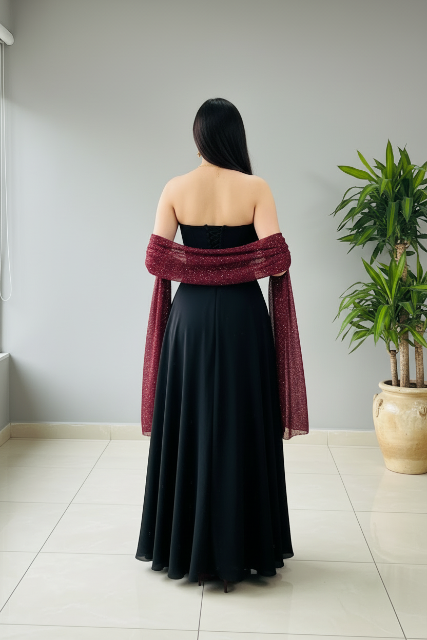 Vestido Negro Strapless Sweetheart con Chal Borgoña Glitter cod.438