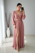 Vestido Rosa Palo Escote V Cruzado Manga Globo con Cinturón cod.V349
