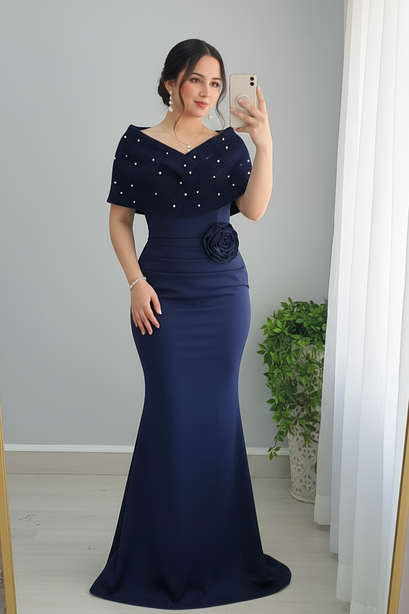 Vestido Sirena Azul Marino con Perlas y Rosa 3D Exclusivo cod.805