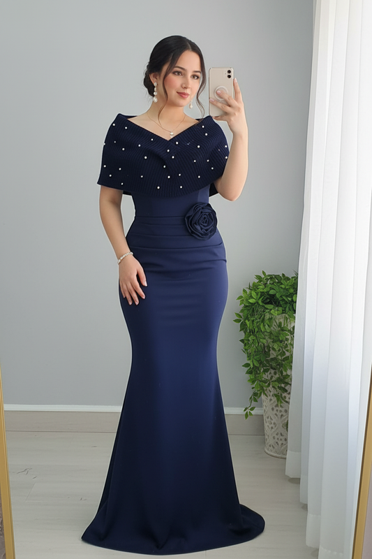 Vestido Sirena Azul Marino con Perlas y Rosa 3D Exclusivo cod.805