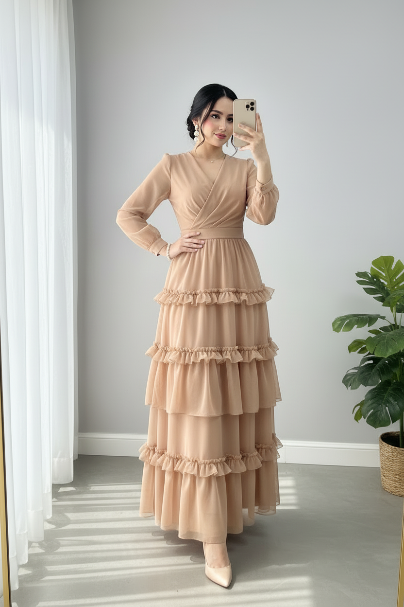 Vestido Nude Champagne Escote V Wrap Manga Larga Volantes Cascada cod.826
