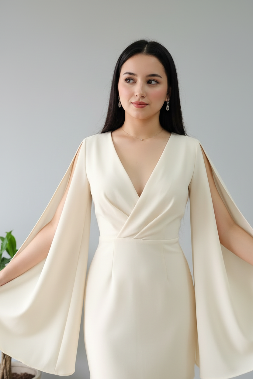 Vestido Marfil Mini Escote V Cruzado con Mangas Capa de Chifón Tipo Ángel cod.489