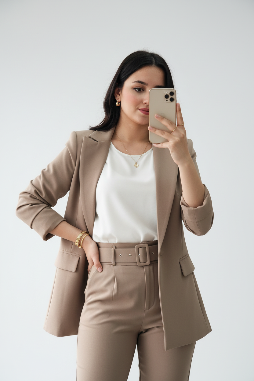 Conjunto Sastre Beige: Blazer + Pantalón + Cinturón - Ejecutivo Premium cod.320