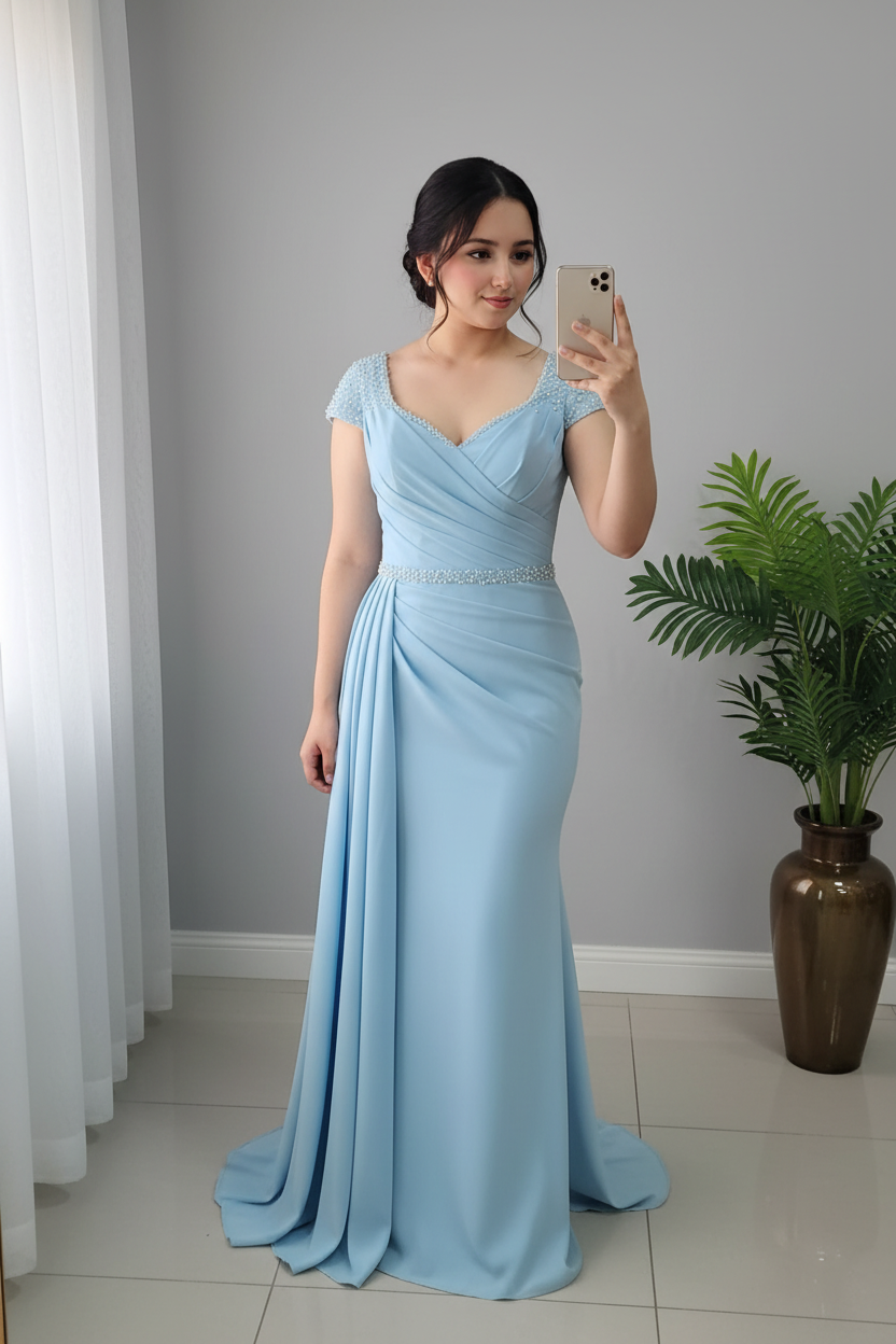 Vestido Sirena Azul Cielo con Manga Casquillo y Cinturón de Cristales cod.V244