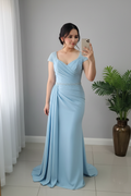 Vestido Sirena Azul Cielo con Manga Casquillo y Cinturón de Cristales cod.V244