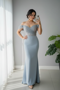 Vestido Azul Gris Off-Shoulder con Pedrería cod.710