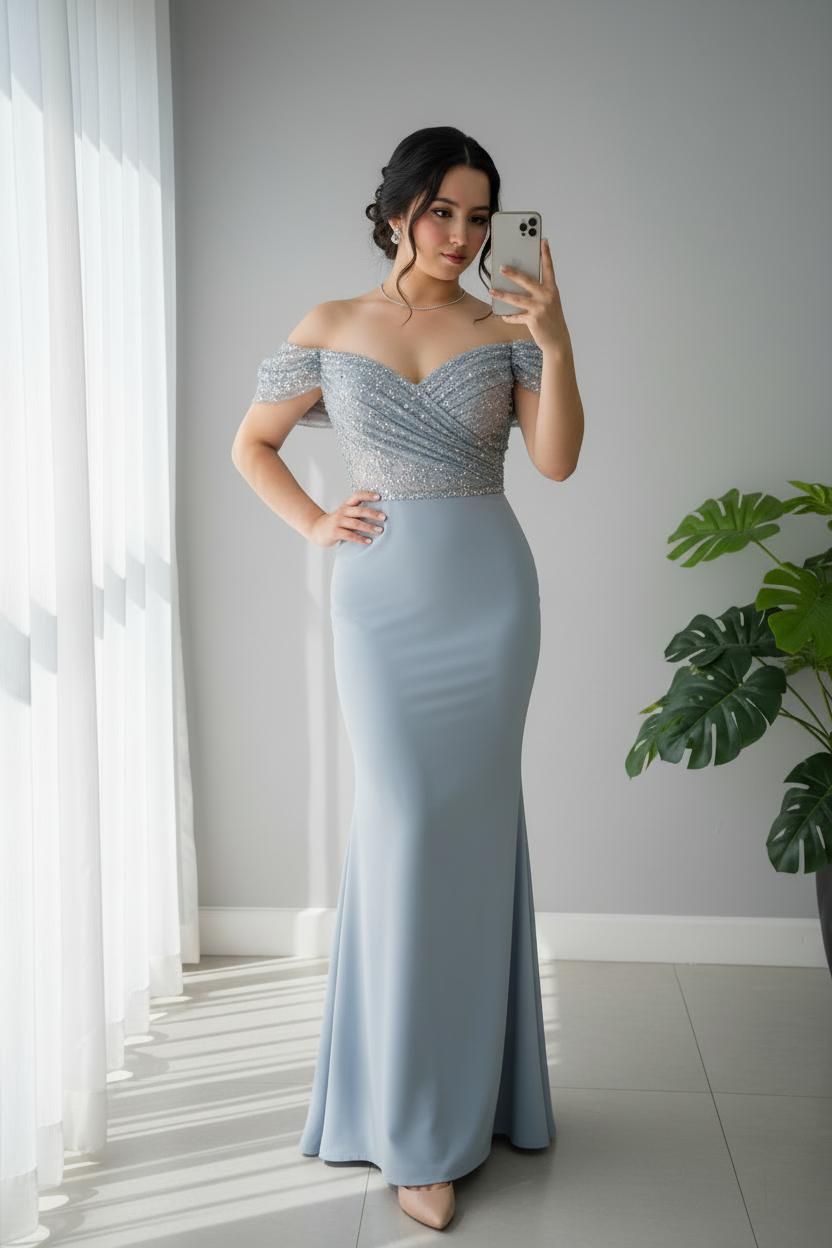 Vestido Azul Gris Off-Shoulder con Pedrería cod.710