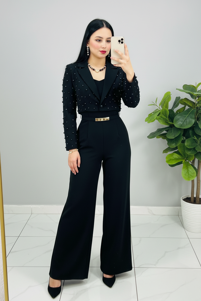 Conjunto Negro Blazer Corto con Perlas y Pantalón Palazzo cod.643