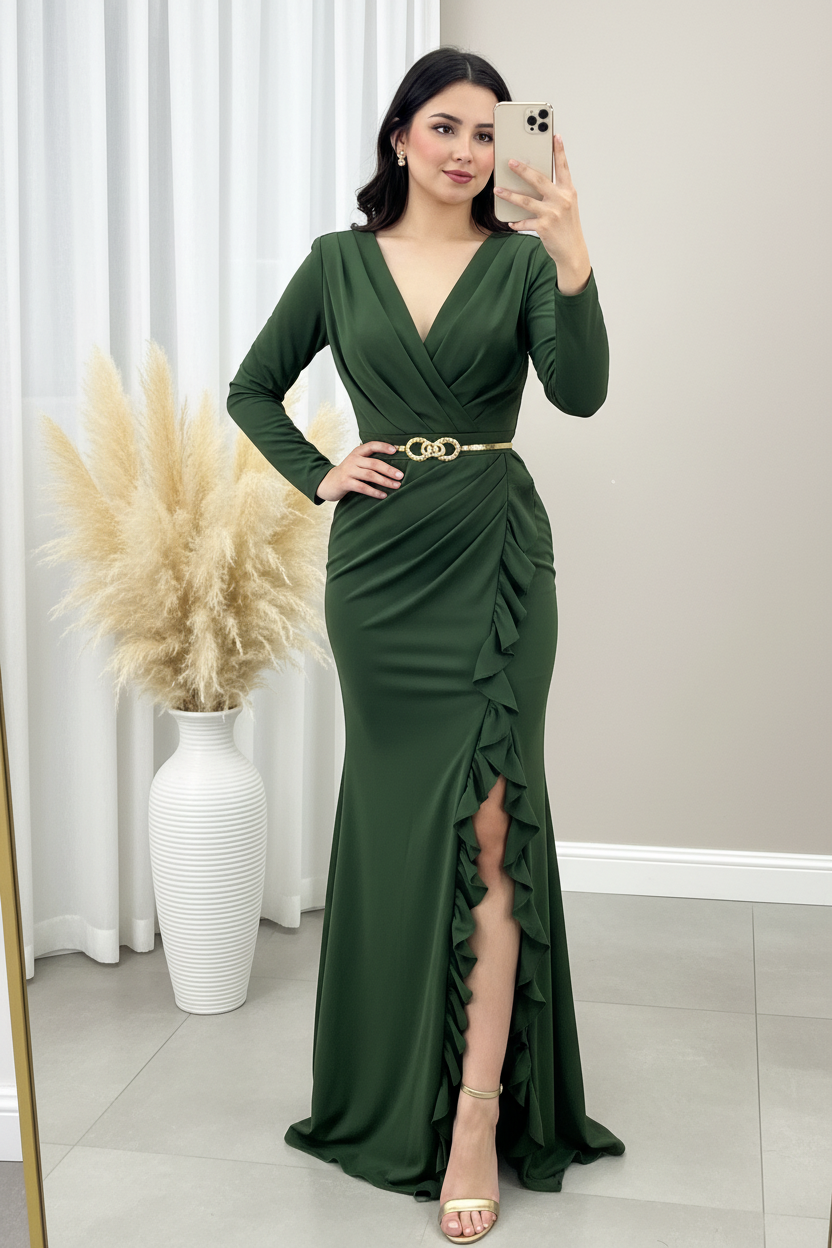 Vestido Verde Bosque Sirena Escote V con Volantes cod.00129