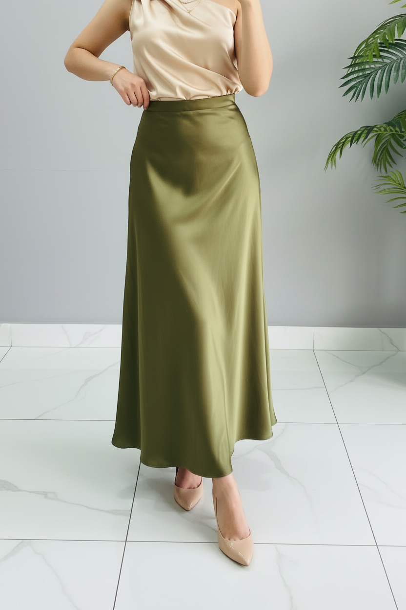 Conjunto Top Champagne con Rosa 3D y Falda Midi Verde Oliva Satinada cod.393