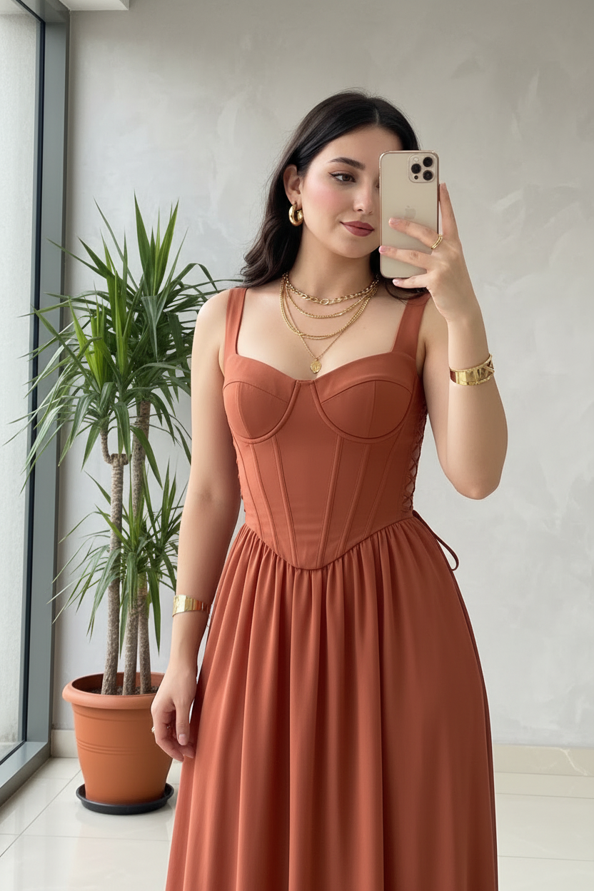 Vestido Terracota con Corsé Estructurado, Tirantes Anchos y Falda en Chifón cod.376