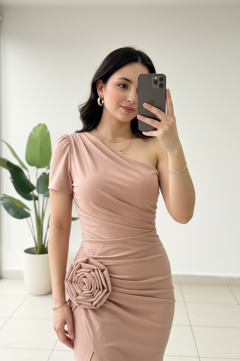 Vestido Largo Rosa Palo Un Hombro con Rosa 3D y Abertura Lateral cod.467