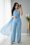 Conjunto Azul Cielo — Top Drapeado Un Hombro con Capa & Palazzo cod.0044