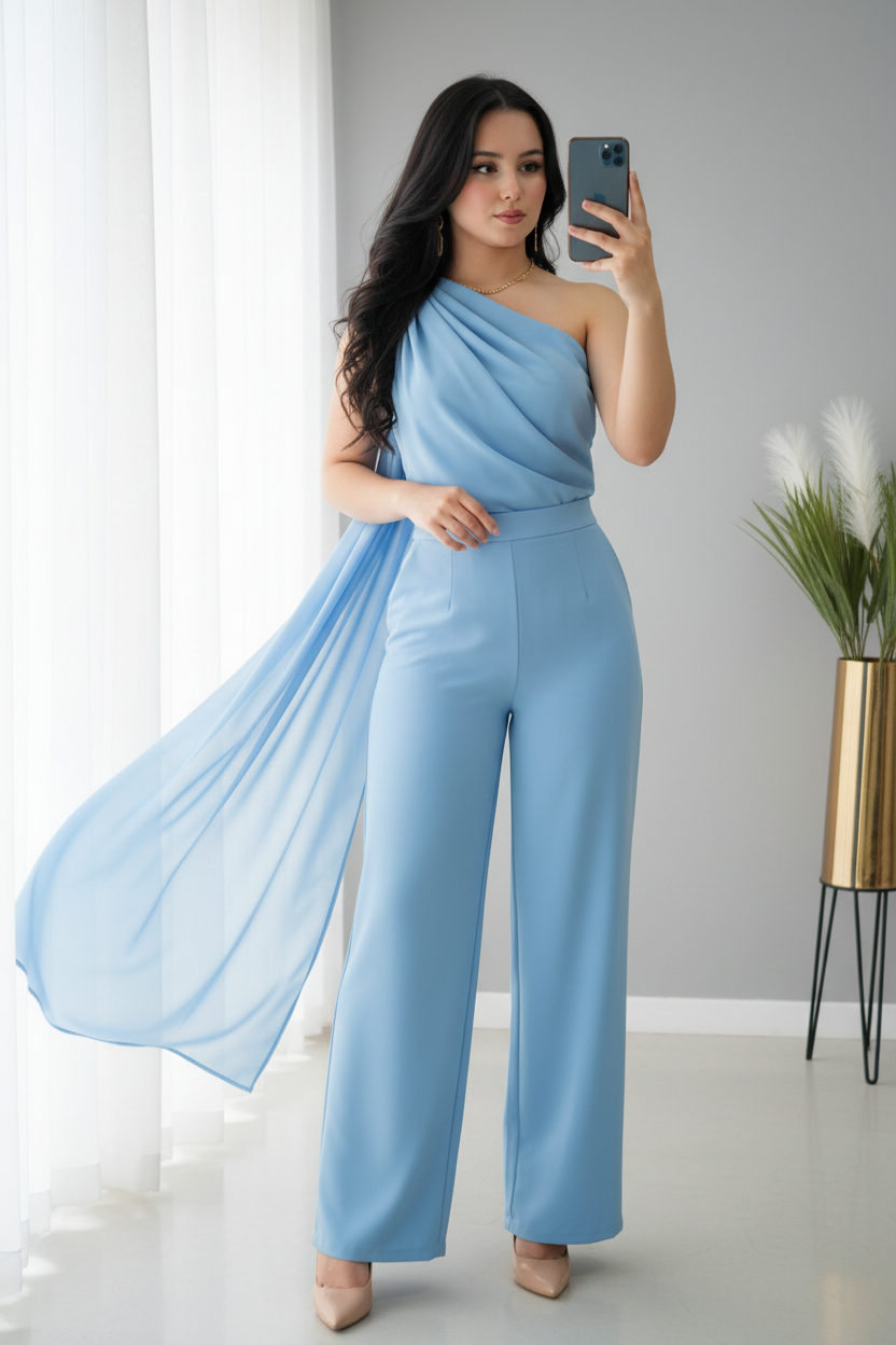 Conjunto Azul Cielo — Top Drapeado Un Hombro con Capa & Palazzo cod.0044