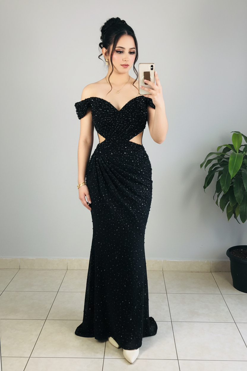 Vestido Formal Negro Off-Shoulder Pedrería Completa con Cutouts Laterales cod.524