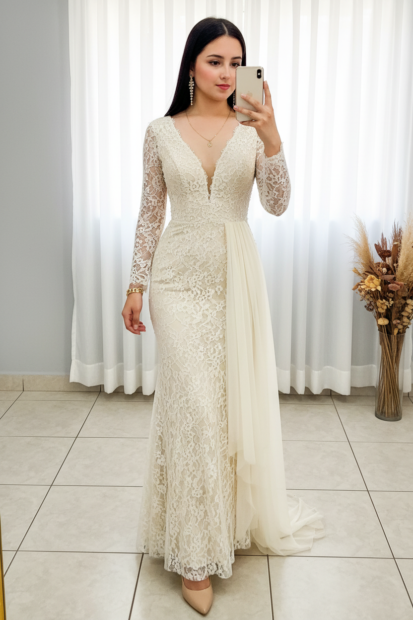 Vestido Ivory Encaje Floral Manga Larga con Tul Drapeado cod.V285
