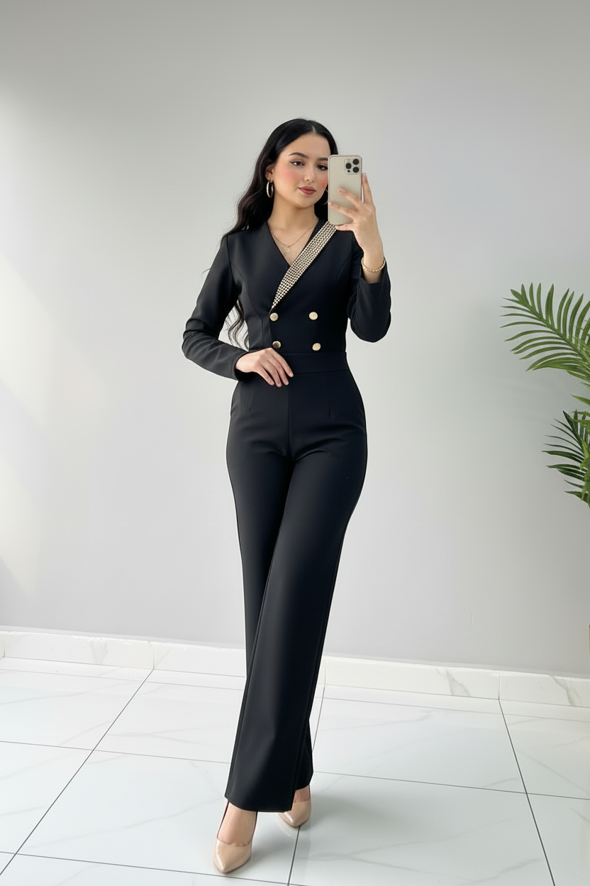 Conjunto Noir Luxe – Blazer Crop Strass & Pantalón Palazzo cod.667