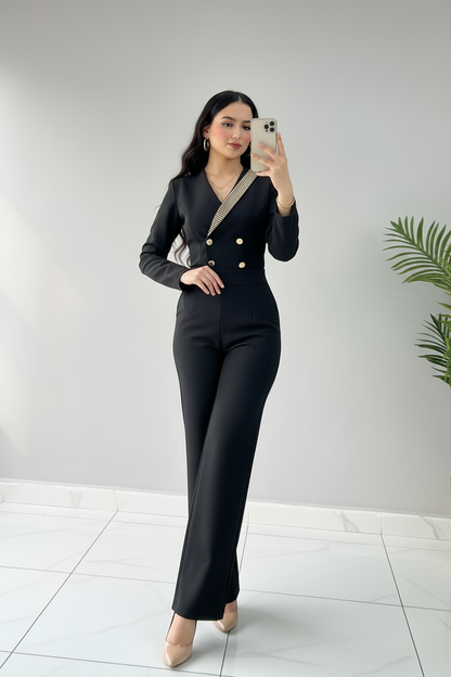 Conjunto Noir Luxe – Blazer Crop Strass & Pantalón Palazzo cod.667